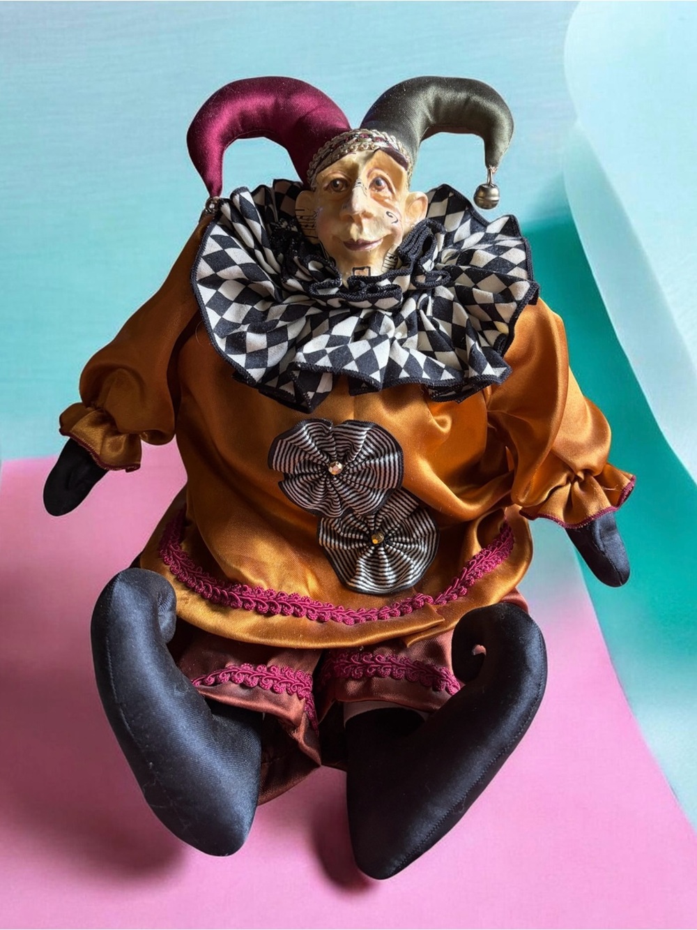 Wayne Kleski Jester Costume in Orange and Black fabric.   Music Note Face.
